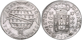 Brasilien. 
Joao, Prinzregent 1799-1818. 960 Reis 1817 R (Rio de Janeiro), Überprägung, Silber, 26,64 g. KM&nbsp;307.3.

kl. Sf, ss