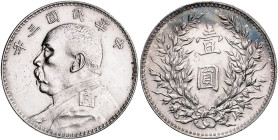 China-Republik. 
1 Dollar, Jahr 3 (1914), Silber, Brb. von Yuan Shikai li./Wertangabe zwischen Reisrispen, 26,89 g. KM&nbsp;329, Schön&nbsp;33.

vz...