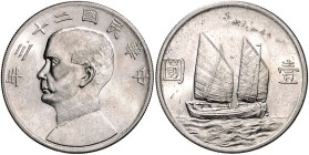 China-Republik. 
1 Dollar, Jahr 23 (1934), Silber, Kopf von Sun Wen li./Dschunke zwischen Wertangabe, 26,65 g. KM&nbsp;345, Schön&nbsp;96.

winz. K...