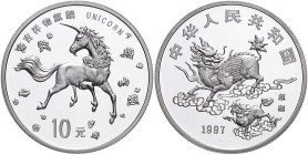 China-Volksrepublik. 
10 Yuan 1997, Silber, Einhorn. Schön&nbsp;996.1, KM&nbsp;1033. in Orig.-Kapsel. 

Stgl
