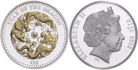 Fidschi. 
10 Dollars 2012, Silber (1 Oz 999 fein), orig.-teilvergoldet, mit echter Perle, Lunar-Serie, Year of the Dragon (Chines. Jahr des Wassers m...