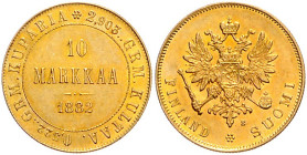 Finnland. 
Alexander III. von Russland 1881-1894. 10 Markkaa 1882 S, Helsinki, GOLD. KM&nbsp;8.2, Bitkin&nbsp;229, Fb.&nbsp;5.

vz