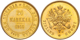 Finnland. 
Nikolaus II. von Russland 1894-1917. 20 Markkaa 1910 L, Helsinki, GOLD. KM&nbsp;9.2, Bitkin&nbsp;387, Fb.&nbsp;3. mwst.-befreit.. 

f. s...