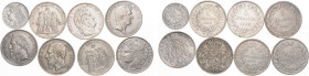Frankreich. 
Lots. 7 verschied. Silbermünzen: 5 Francs 1831 B, 1845 W, 1849 A, 1868 A, 1870 A, 1875 A u. 2 Francs 1871 A, dazu: Belgien, 5 Francs 187...