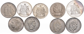 Frankreich. 
Lots. 9 verschiedene Silbermünzen: 5 Francs 1814 M, 1831 A, 1832 B, 1847 A, 1848 A, 1851 A u. 1873 A sowie 10 Francs 1970 u. 50 Fr. 1977...