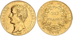 Frankreich. 
Konsulat Bonapartes 1799-1804. 20 Francs AN 12 (1803/1804) A, Paris, GOLD. Gad.&nbsp;1020, Fb.&nbsp;480. mwst.-befreit.. 

ss-vz