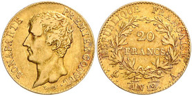 Frankreich. 
Konsulat Bonapartes 1799-1804. 20 Francs AN 12 (1803/1804) A, Paris, GOLD. Gad.&nbsp;1020, Fb.&nbsp;480. mwst.-befreit.. 

ss/ss-vz