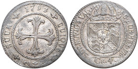 Brandenburg/-Preußen. 
Friedrich Wilhelm II. 1786-1797. Batzen (4 Kreuzer) 1793, für Neuenburg. Old.&nbsp;49, J.&nbsp;227.

kl. Sf, fast vz