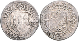 Hamburg, Stadt. 
Doppelschilling 1594, mit Titel Rudolfs II., Wappenschild auf Lilienkreuz, geteilte Jz. 94 unter den seitlichen Kreuzarmen/bekr. Dop...