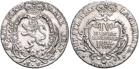 Hessen/-Kassel. 
Friedrich II. 1760-1785. 1/4 Reichstaler 1766 FU, gekrönter Löwenschild/Wert in gekr. Kartusche. Schön&nbsp;116, Schütz&nbsp;1859.
...