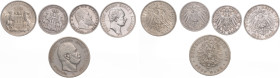 Sammlungen, Lots. 
5 verschied. Silbermünzen: Hamburg 2 Mark 1896 u. 3 M 1911, Preußen 5 M 1876 B, Sachsen 3 M 1910 und Württemberg 2 M 1904.

im \...
