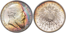 Baden. 
Friedrich I. 1856-1907. 5 Mark 1907, Friedrichs Tod. Jaeger&nbsp;37.

schöne Patina, winz. Kratzer, vz/stempelfrisch