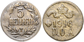 Deutsch-Ostafrika. 
5 Heller 1916 T, Messing. Jaeger&nbsp;N723.

typische Ps am Rand, vz-stfr