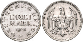 3 Mark, Adler ohne Umschrift, 1924 F und 3 Mark, Alu, 1922 A, Jaeger 312 u. 302. zus. 2 St.. 

ss u. stfr