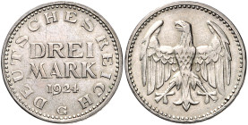 3 Mark, Adler ohne Umschrift, 1924 G. Jaeger&nbsp;312.

winzigste Kratzer, ss-vz