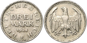 3 Mark, Adler ohne Umschrift, 1924 F, Verkehrsfälschung in Weißbronze (mit Randschrift), zu Jaeger 312.

ss-f. vz