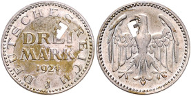 3 Mark, Adler ohne Umschrift, 1924 J, Verkehrsfälschung in Bronze versilbert (mit Randschrift), mit "F"-Lochung der Reichsbankstelle für Falschgeld, z...