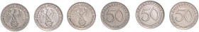 50 Reichspfennig, Nickel, 1939 B, E u. F. Jaeger&nbsp;365. zus. 3 St.. 

vz