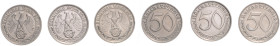 50 Reichspfennig, Nickel, 1939 B, E u. F. Jaeger&nbsp;365. zus. 3 St.. 

vz
