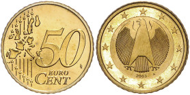 Euro-Kursmünzen. 
Probe. 50 Cent 2003 A, mit Wappenseiten-Prägung von 1 Euro, irregulärer Schrötling, Durchmesser 24,1 mm, Dicke 2,7 mm, Gewicht 7,78...