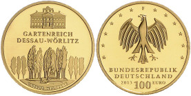 Euro-Gedenkmünzen. 
100 Euro 2013 F, GOLD, 15,55 g fein (1/2 Oz), Gartenreich Dessau-Wörlitz. mit Zert. im OE, mwst.-befreit.. 

Stgl