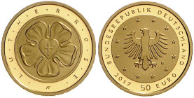 Euro-Gedenkmünzen. 
50 Euro 2017 G, GOLD, 7,78 g fein (1/4 Oz), Lutherrose. mit Zert. in Orig.-Schachtel mit Karton, mwst.-befreit.. 

Stgl