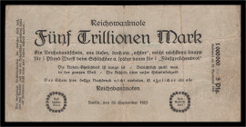 Sonstiges. 
"Reichswanknote über Fünf Trillionen Mark", Scherzschein v. 28.9.1923, einseitig.

gebr
