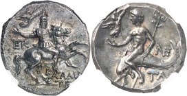 GRÈCE ANTIQUE
Calabre, Tarente. Statère ou nomos au nom du magistrat Kallikratès ND (240-228 av. J.-C.), Tarente.
NGC MS* 5/5 5/5 (5788895-001).
Av...