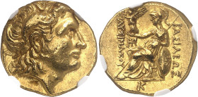 GRÈCE ANTIQUE
Thrace, Byzance. Statère d’or au nom de Lysimaque ND (c.270-260 av. J.-C.), Byzantion.
NGC Ch AU 5/5 2/5 scuffs (5787369-001).
Av. Tê...