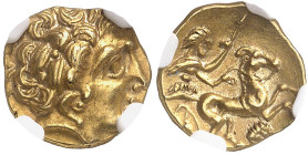 GAULE
Carnutes. Quart de statère à la tête de face ND (IIIe-IIe s. av. J.-C.).
NGC AU* 5/5 4/5 (5787369-006).
Av. Profil apollinien, encore très pr...