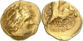 GAULE
Centre de la Celtique / Vallée de la Loire. Statère d’or de la série au trident ND (IIIe - début du IIe siècle avant J.-C.).
Av. Profil apolli...