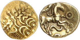 GAULE
Suessions. Quart de statère dit “au petit serpent cornu” ND (65-35 av. J.-C.).
Av. Profil à droite, l'œil sous forme d'ancre horizontale. 
Rv...