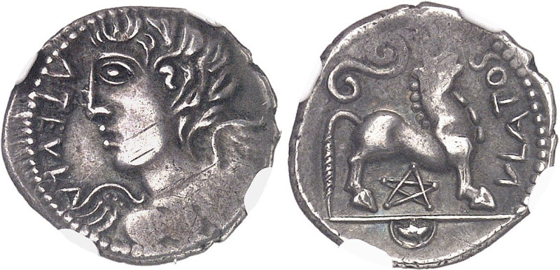 GAULE
Rèmes (Ier siècle av. J.-C.). Denier ou drachme ATEVLA/VLATOS au pentagra...