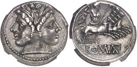 RÉPUBLIQUE ROMAINE
Anonymes (225-212 av. J.-C.). Didrachme ND (c.225-212 av. J.-C.), Rome.
NGC Ch XF* 5/5 4/5 (5788894-002).
Av. Tête imberbe janif...