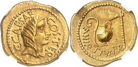 RÉPUBLIQUE ROMAINE
Jules César (60-44 av. J.-C.). Aureus ND (46 av. J.-C.), Rome.
NGC AU 5/5 4/5 marks (5790003-003).
Av. C. CAESAR COS. TER. Buste...