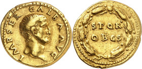 EMPIRE ROMAIN
Galba (68-69). Aureus 68, Rome.
Av. IMP SER GALBA AVG. Buste à droite. 
Rv. Dans une couronne formée de deux branches : SPQR OB CS.
...