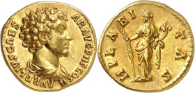 EMPIRE ROMAIN
Marc Aurèle (161-180). Aureus 145-147, Rome.
Av. AVRELIVS CAES-AR AVG P II F COS II. Buste drapé et cuirassé à droite. 
Rv. HILARI-TA...