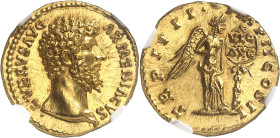EMPIRE ROMAIN
Lucius Verus (161-169). Aureus 163-164, Rome.
NGC Ch MS 5/5 4/5 Fine style (3988939-001).
Av. L VERVS AVG ARMENIACVS. Buste à droite,...