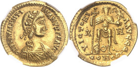EMPIRE ROMAIN
Valentinien III (425-455). Solidus 440-455, Rome.
NGC Ch AU 4/5 4/5 (5790005-008).
Av. D N PLA VALENTI - NIANVS P F AVG. Buste diadém...