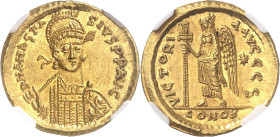EMPIRE BYZANTIN
Anastase Ier (491-518). Solidus 1er type ND, Constantinople, 6e officine.
NGC MS 5/5 3/5 (5790005-006).
Av. D N ANASTA - SIVS P P A...