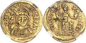 EMPIRE BYZANTIN
Justin II (565-578). Solidus 565-578, Carthage.
NGC Ch XF 5/5 2/5 edge filing (5788894-009).
Av. D N IVSTI - NVS P P AV. Buste de f...