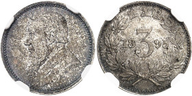 AFRIQUE DU SUD
Afrique du sud (République d’). 3 pence 1895.
NGC UNC DETAILS REV SCRATCHED (5787365-063).
Av. Buste à gauche de Krüger. 
Rv. Z. A....