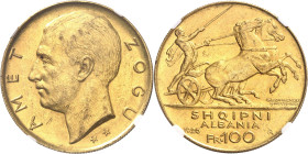 ALBANIE
Ahmed Zogu, président (1925-1928). 100 franga (2 étoiles) 1926, R, Rome.
NGC MS 60 (6389235-028).
Av. AMET ZOGU. Tête nue à gauche, au-dess...