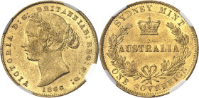 AUSTRALIE
Victoria (1837-1901). Souverain 1866, Sydney.
NGC MS 61 (5787365-070).
Av. VICTORIA D: G: BRITTANIAR: REG: F: D:. Tête laurée à gauche, (...