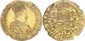 BELGIQUE
Brabant (duché de), Philippe IV (1621-1665). Double souverain 1644, Anvers.
NGC AU 58 (5788890-090).
Av. PHIL. IIII. D. G. HISP. ET. INDIA...