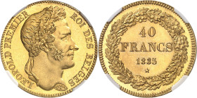 BELGIQUE
Léopold Ier (1831-1865). 40 francs Or, Flan bruni (PROOF), tranche en position A 1835, Bruxelles.
NGC PF 65 (1914803-018).
Av. LEOPOLD PRE...
