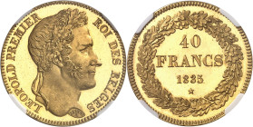 BELGIQUE
Léopold Ier (1831-1865). 40 francs Or, Flan bruni (PROOF), tranche en position B 1835, Bruxelles.
NGC PF 65 ULTRA CAMEO (2117150-001).
Av....