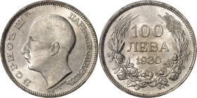 BULGARIE
Boris III (1918-1943). 100 leva 1930, BP, Budapest.
PCGS MS64 (17260987).
Av. Légende en cyrillique. Tête nue à gauche ; au-dessous signat...