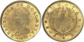 COLOMBIE
République. 8 escudos 1830, RS, Santa Fe de Bogota.
PCGS MS63 (37311552).
Av. REPUBLICA DE COLOMBIA. Buste drapé de la Liberté à gauche, a...