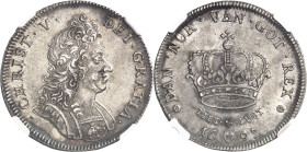 DANEMARK
Christian V (1670-1699). Essai de Krone (couronne) ou 4 mark à la tranche maclée 1693, Copenhague.
NGC MS 63+ (6389235-058).
Av. CHRIST. V...